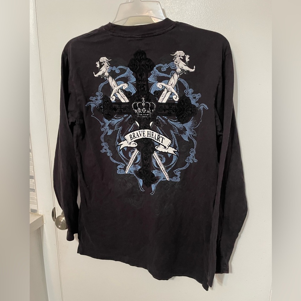 Brave Heart long sleeve black T Shirt with Sword and velvet Cross Graphics XL